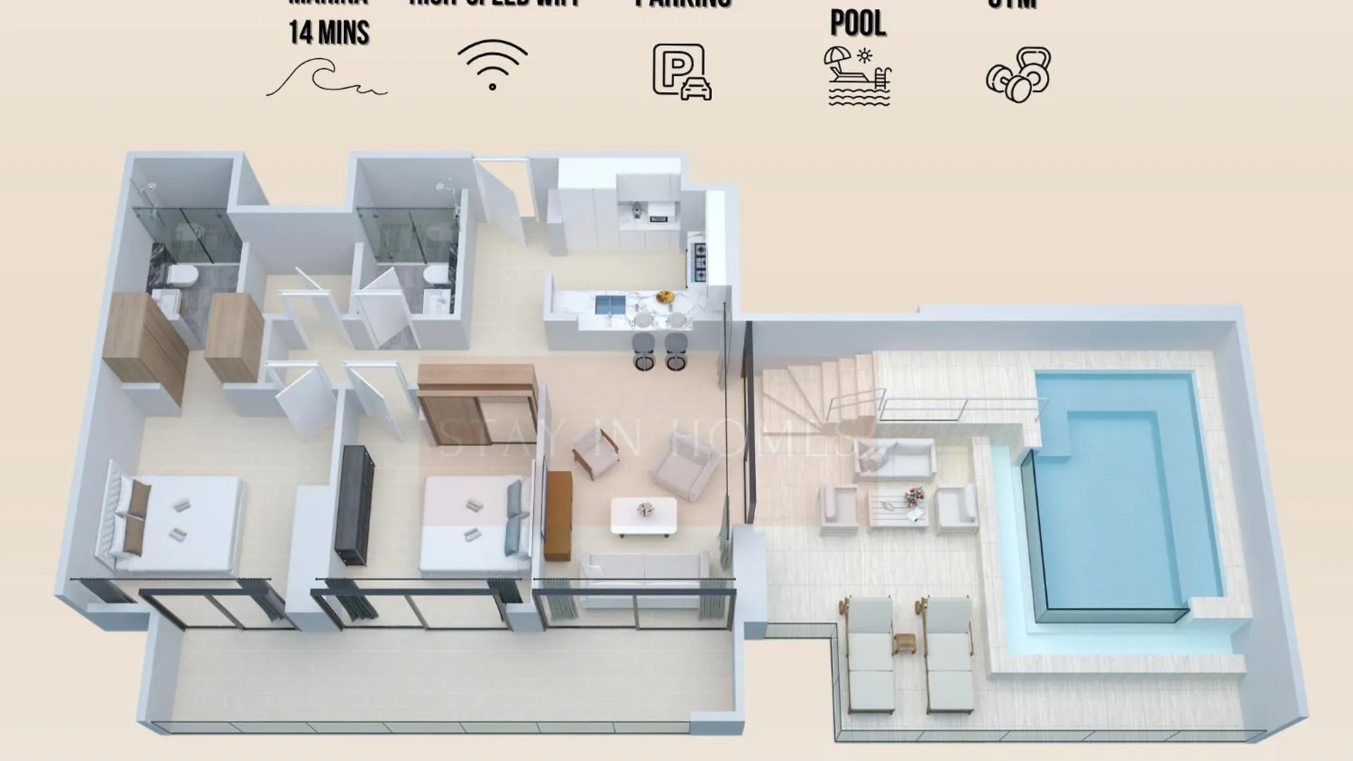 Apartment 2 Bed With Private Pool On Balcony By Stay In Homes - Marina 14Min - Self Checkin - Gym - Parking Dubai